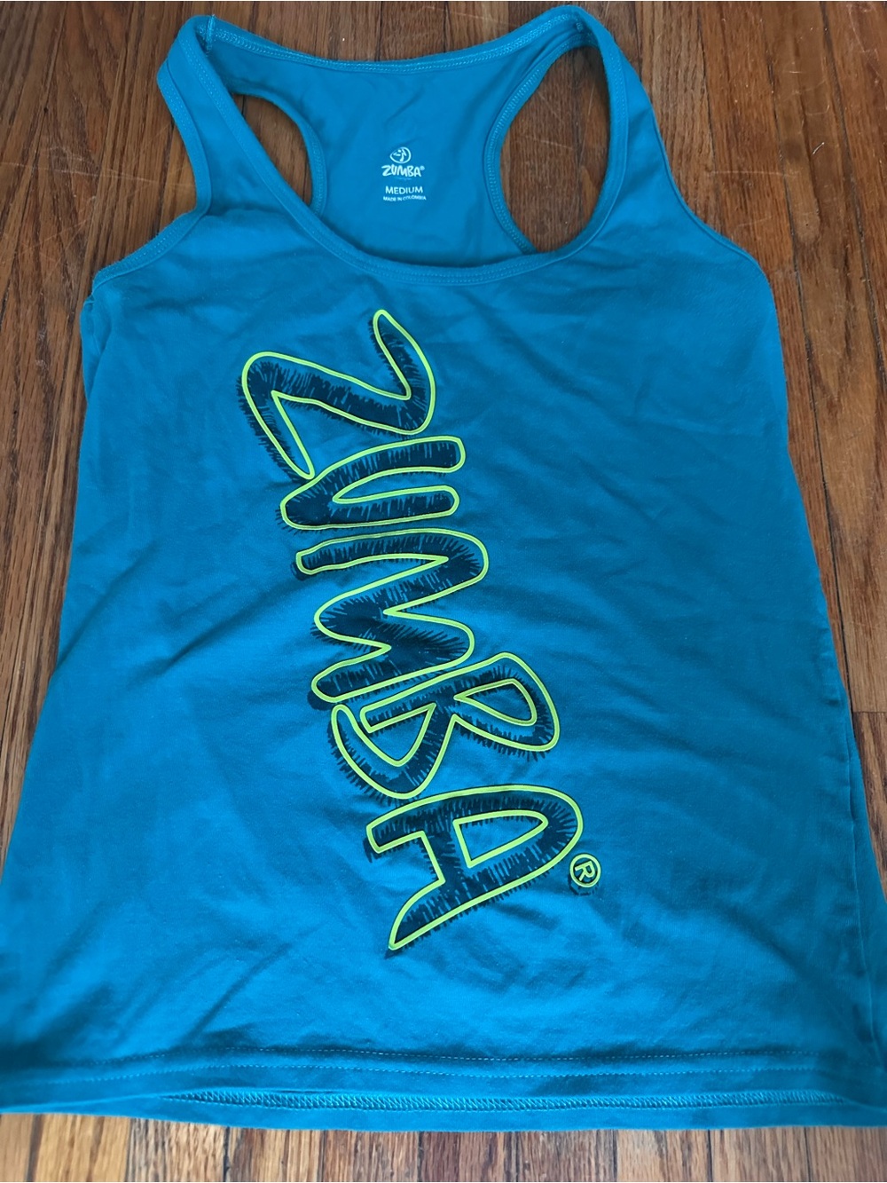 Zumba Fitness Teal Racerback Tank with Neon Lime Logo